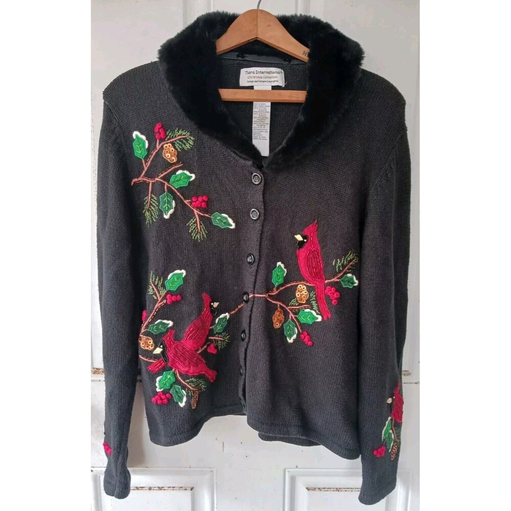 Tiara International Christmas Sweater Cardinals Med Sequins Faux Fur Collar Ugly